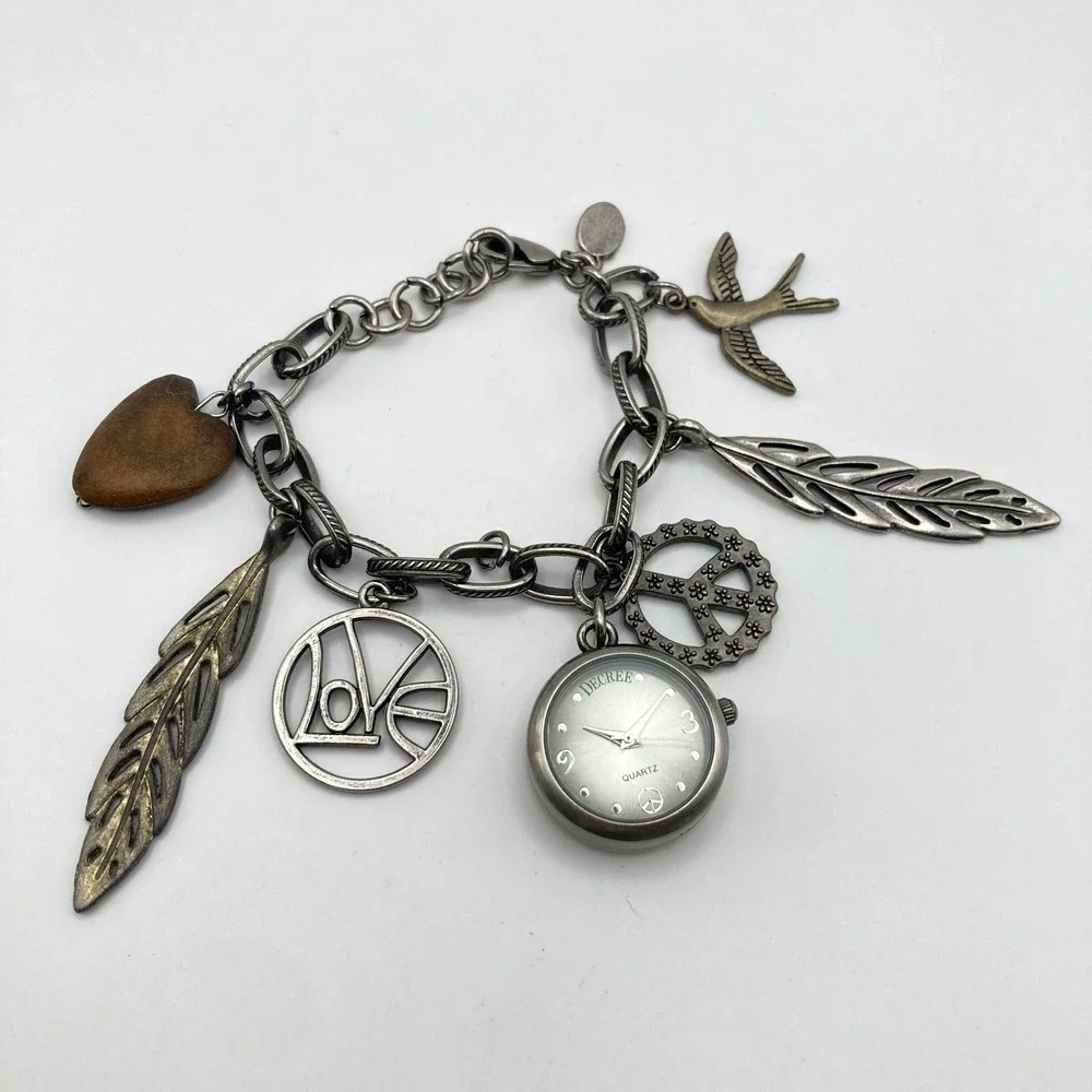 Decree Charm Bracelet Women's Watch Gunmetal Peace Love 25mm New Battery 7.25